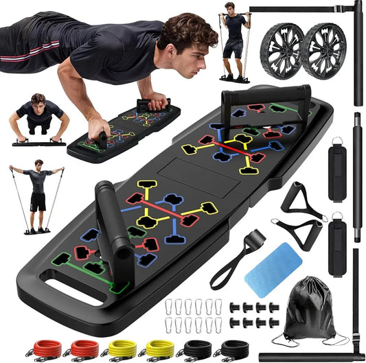 Portable Home Gym Push-Up Board System – Full Body Workout Kit with Resistance Bands, Pilates Bar & AB Roller